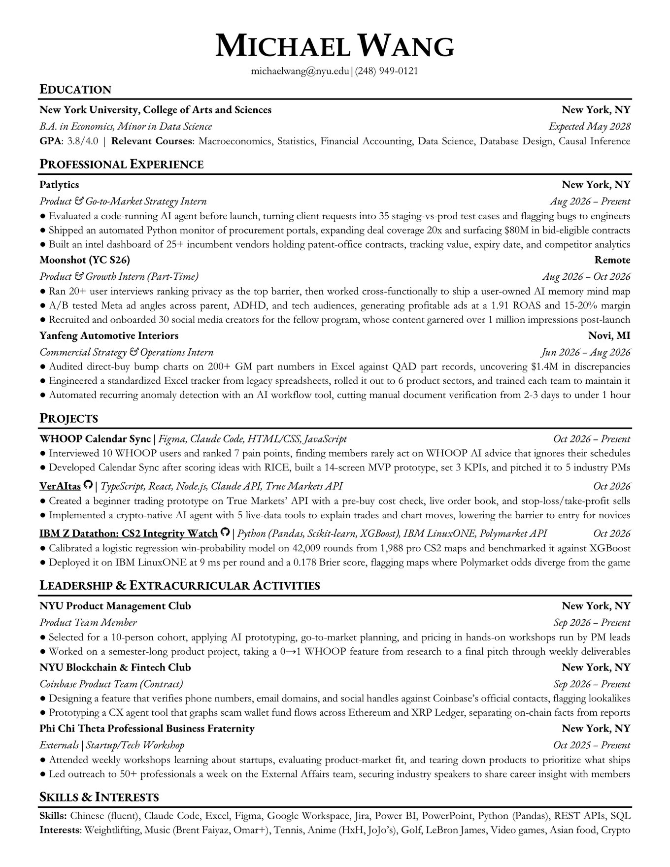 Michael Wang's one-page resume